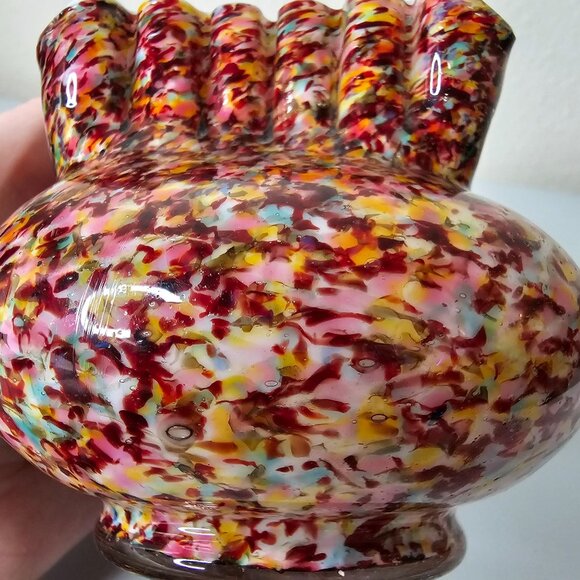 Victorian Franz Welz Spatter Glass Squat Short Crimped Bowl Vase Murrhina 4" - Picture 10 of 10